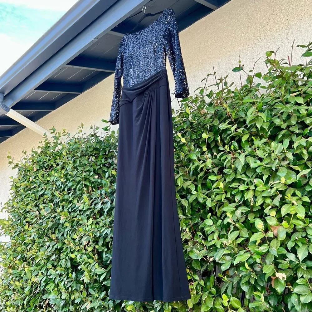 Ralph Lauren Gown Black Sequin Long Sleeve Dress Size 8 Medium Large